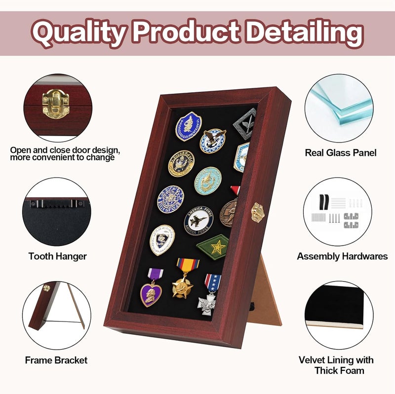 VERANI 8.5 x15 Pin Display Case with Real Glass Door Frame Bracket for Military Medals, Beach Tags, Jewelry Pins, Pin Gift, Insignia Ribbons, Pin Enthusiast Collectibles, Mahogany - Image 4